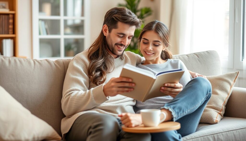Ein Paar genießt einen gemütlichen Moment auf dem Sofa, symbolisiert süße Alltagssprüche für die Freundin