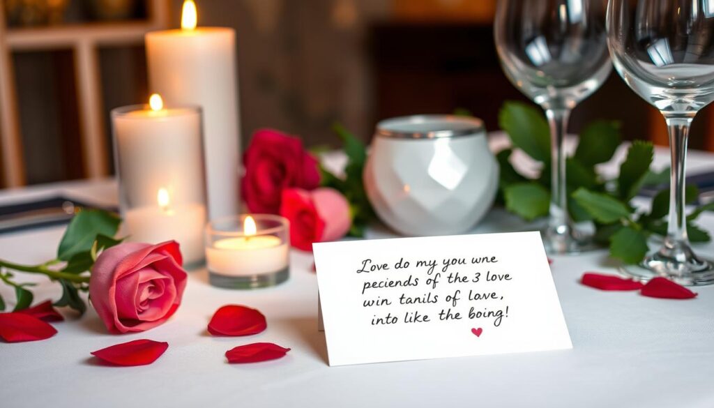 Ein festlich gedeckter Tisch für ein romantisches Dinner mit Kerzen und einer Karte mit süßen Sprüchen für die Freundin Ein festlich gedeckter Tisch für ein romantisches Dinner mit Kerzen und einer Karte mit süßen Sprüchen für die Freundin