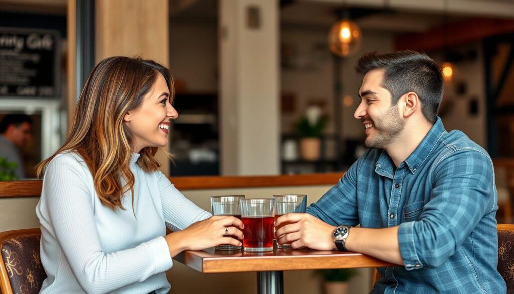 Erfolgreicher Tinder-Match führt zu einem Date im Café Erfolgreicher Tinder-Match führt zu einem Date im Café