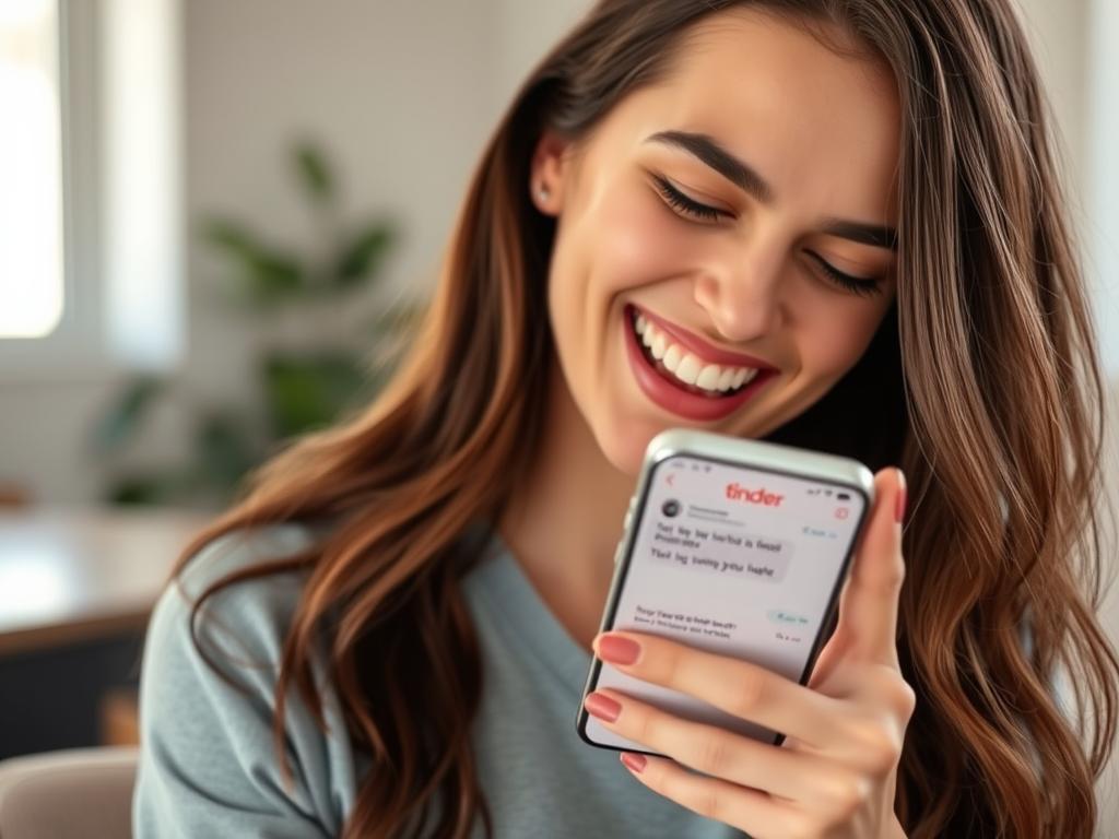 Frau lacht über witzige Tinder Anmachsprüche auf ihrem Smartphone Frau lacht über witzige Tinder Anmachsprüche auf ihrem Smartphone