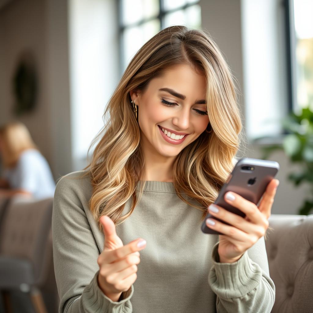 Frau schreibt kreative Tinder Anmachsprüche auf ihrem Smartphone Frau schreibt kreative Tinder Anmachsprüche auf ihrem Smartphone