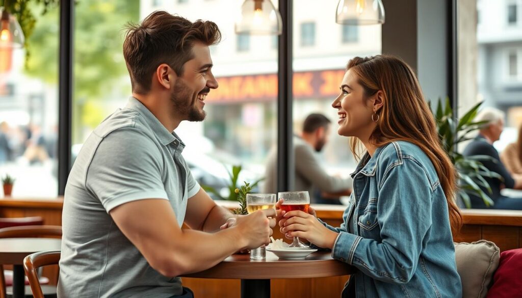 Junges Paar flirtet verspielt in einem Café mit gute rizz sprüche Junges Paar flirtet verspielt in einem Café mit gute rizz sprüche