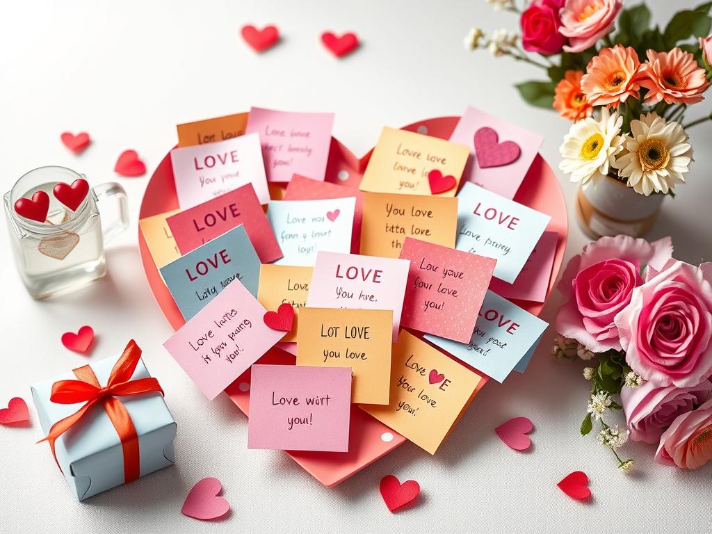 Kreative Präsentation von süßen Sprüchen für die Freundin mit kleinen Zetteln und Geschenken Kreative Präsentation von süßen Sprüchen für die Freundin mit kleinen Zetteln und Geschenken
