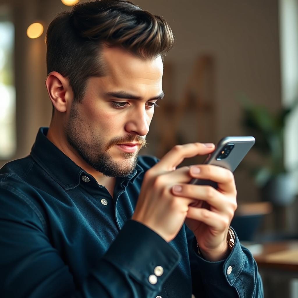 Mann schreibt kreative Tinder Anmachsprüche auf seinem Smartphone Mann schreibt kreative Tinder Anmachsprüche auf seinem Smartphone