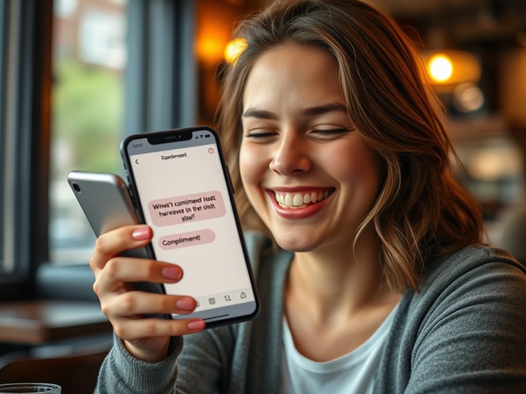 Person lächelt über ein charmantes Kompliment auf Tinder Person lächelt über ein charmantes Kompliment auf Tinder