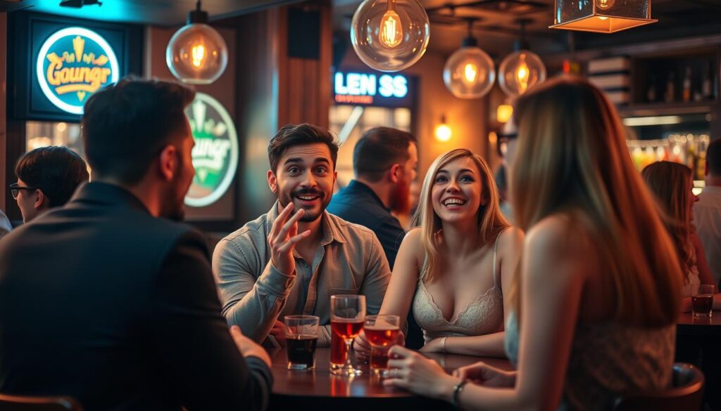 Person überrascht andere mit kreativen gute rizz sprüche in einer Bar Person überrascht andere mit kreativen gute rizz sprüche in einer Bar