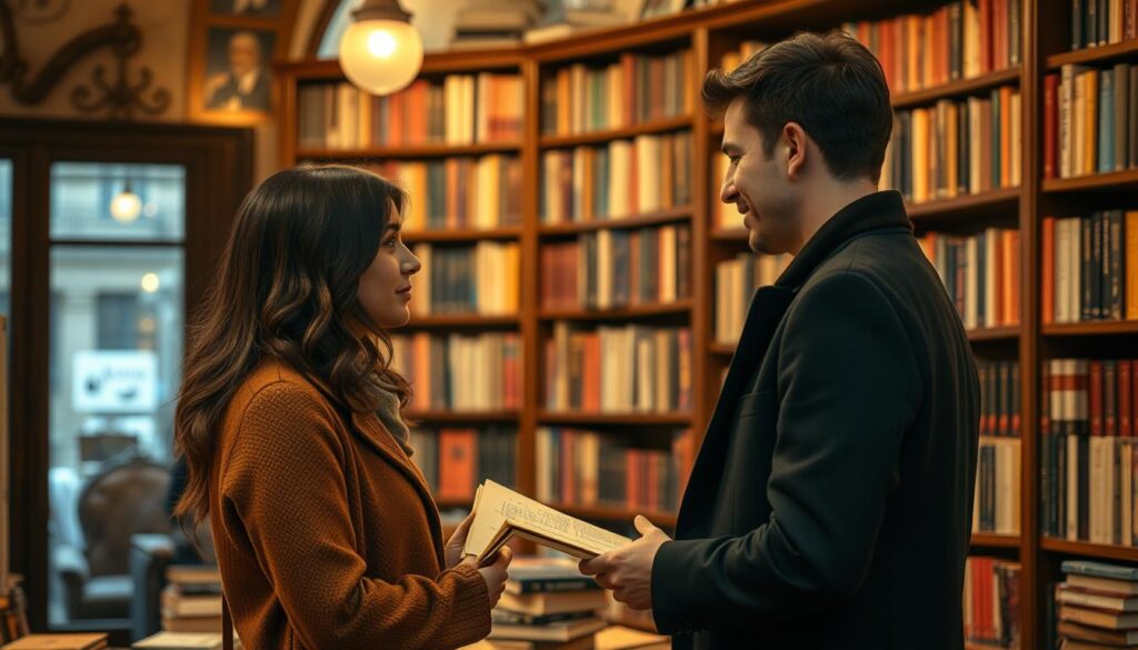 Begegnung zweier Menschen in einer französischen Buchhandlung Begegnung zweier Menschen in einer französischen Buchhandlung
