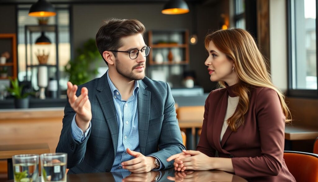 Ein Mann erklärt einer interessierten Frau etwas mit Handgesten, während er einen wissenschaftlich angehauchten Anmachspruch verwendet