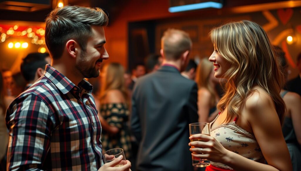 Ein Mann spricht eine Frau auf einer Party an und fragt nach einem gemeinsamen Freund, der sie vorstellen könnte