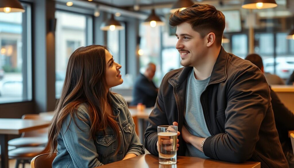 Ein Mann spricht eine Frau in einem Café an und sagt ihr, dass sie wie seine zukünftige Freundin aussieht