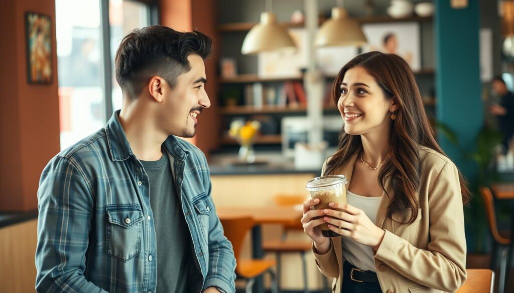 Ein Mann spricht eine Frau in einem Café an und tut so, als würde er sie mit seinem Tinder-Date verwechseln