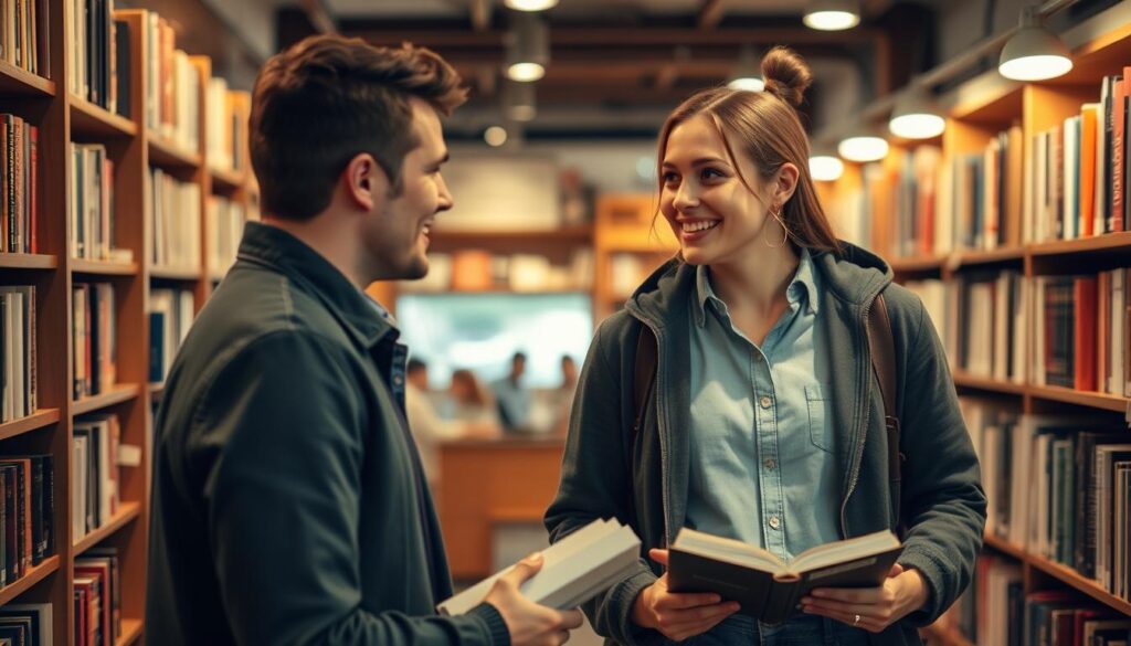Ein Mann spricht eine Frau in einer Buchhandlung an und sagt ihr direkt und ehrlich, dass er sie kennenlernen möchte