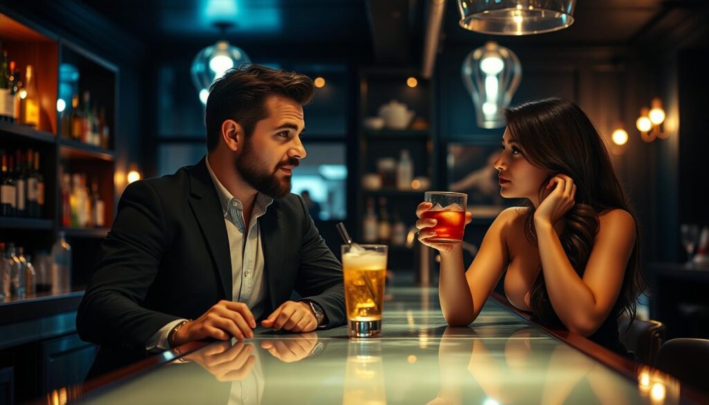 Ein Mann und eine Frau an einer Bar, er hält ein Getränk und verwendet einen Anmachspruch über den Barkeeper