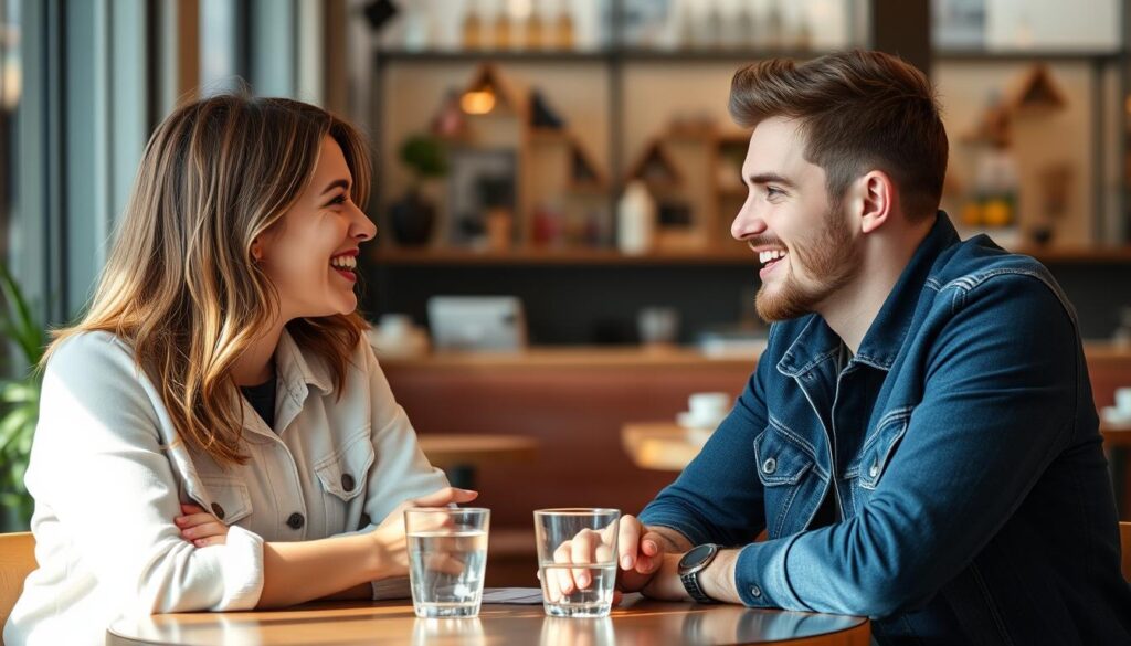 Ein Mann und eine Frau führen ein angeregtes Gespräch in einem Café, nachdem der erste Anmachspruch erfolgreich war