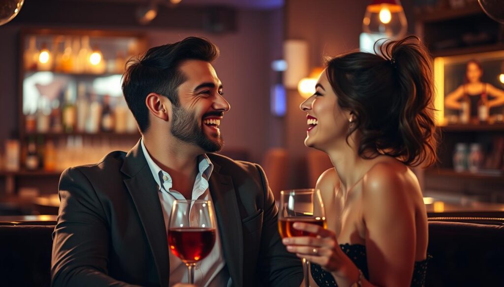 Ein Mann und eine Frau lachen herzlich in einer Lounge-Bar, nachdem er einen humorvollen Anmachspruch verwendet hat