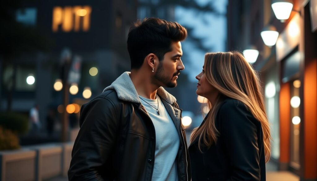 Ein Mann und eine Frau stehen sich nahe, er schaut ihr tief in die Augen während er einen klassischen Anmachspruch mit modernem Twist sagt
