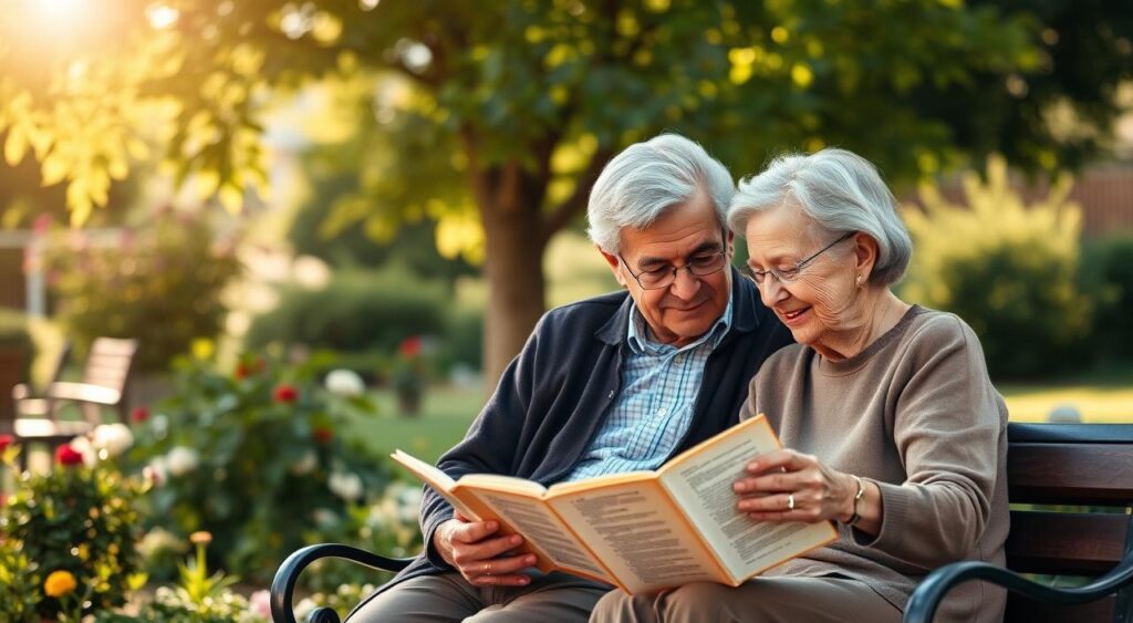 Ein älteres Paar liest gemeinsam ein Buch mit Liebesgedichten, das schönste liebesgedicht verbindet Generationen