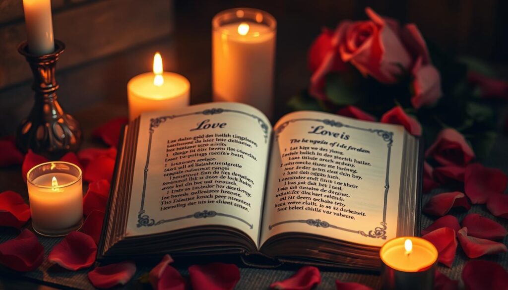 Ein aufgeschlagenes Buch mit einem Liebesgedicht, umgeben von Rosenblättern und Kerzenlicht