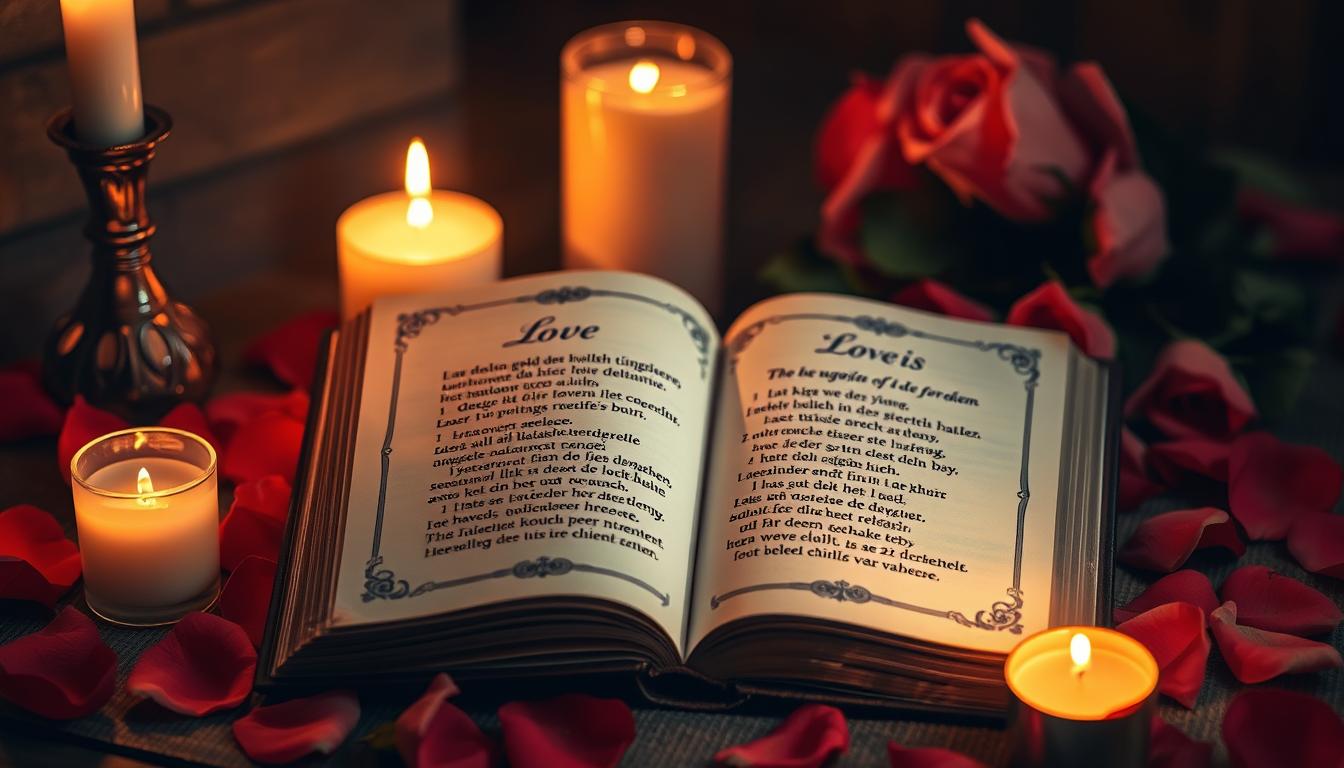 Ein aufgeschlagenes Buch mit einem Liebesgedicht, umgeben von Rosenblättern und Kerzenlicht