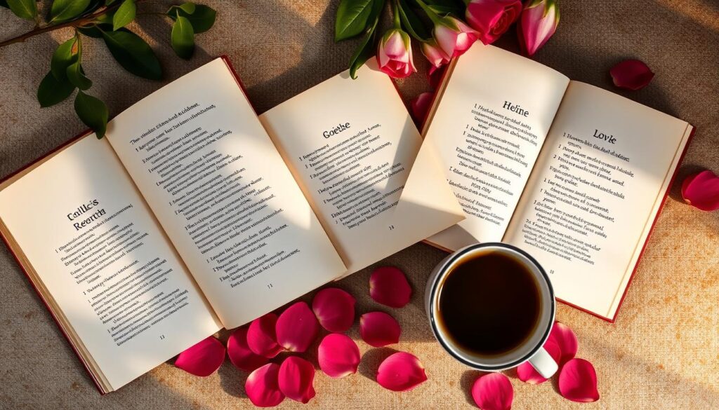 Eine Collage verschiedener Bücher mit Liebesgedichten, das schönste liebesgedicht in verschiedenen Sammlungen