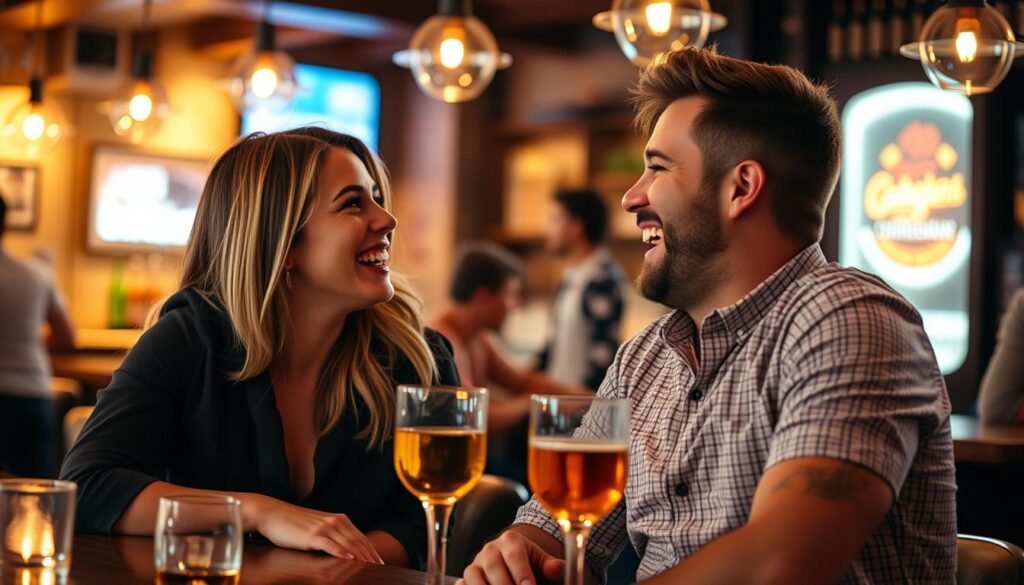 Eine Frau und ein Mann lachen während eines Gesprächs in einer Bar, was die positive Wirkung eines guten Anmachspruchs zeigt