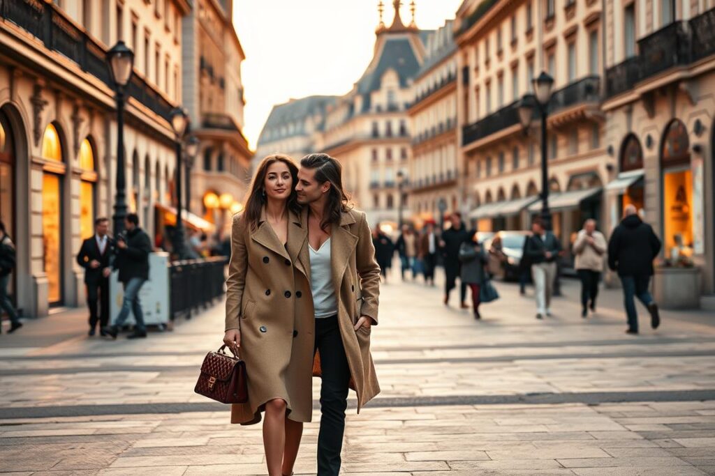 Elegantes französisches Paar beim romantischen Spaziergang in Paris Elegantes französisches Paar beim romantischen Spaziergang in Paris