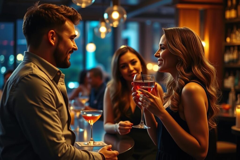 Flirtende Interaktion zwischen Mann und Frau mit subtilen Gesten Flirtende Interaktion zwischen Mann und Frau mit subtilen Gesten