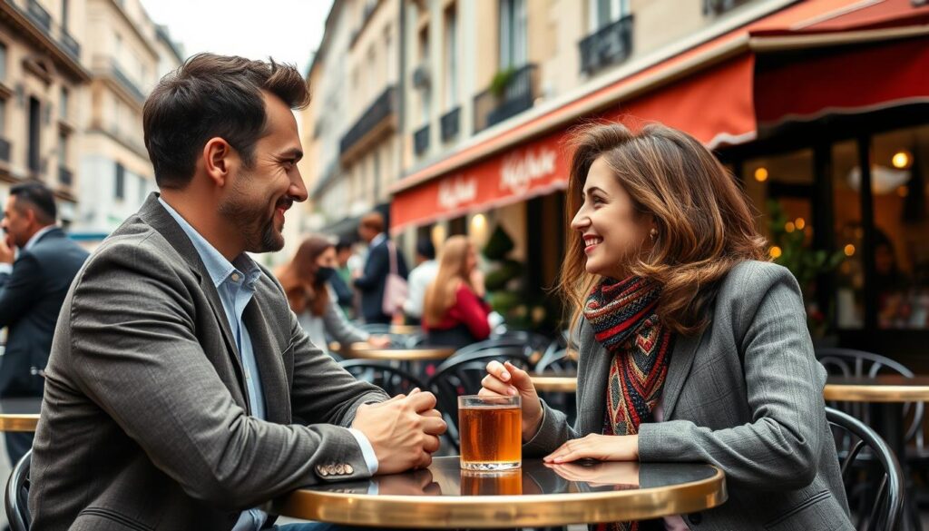 Französisches Paar beim Gespräch in einem Straßencafé in Paris Französisches Paar beim Gespräch in einem Straßencafé in Paris