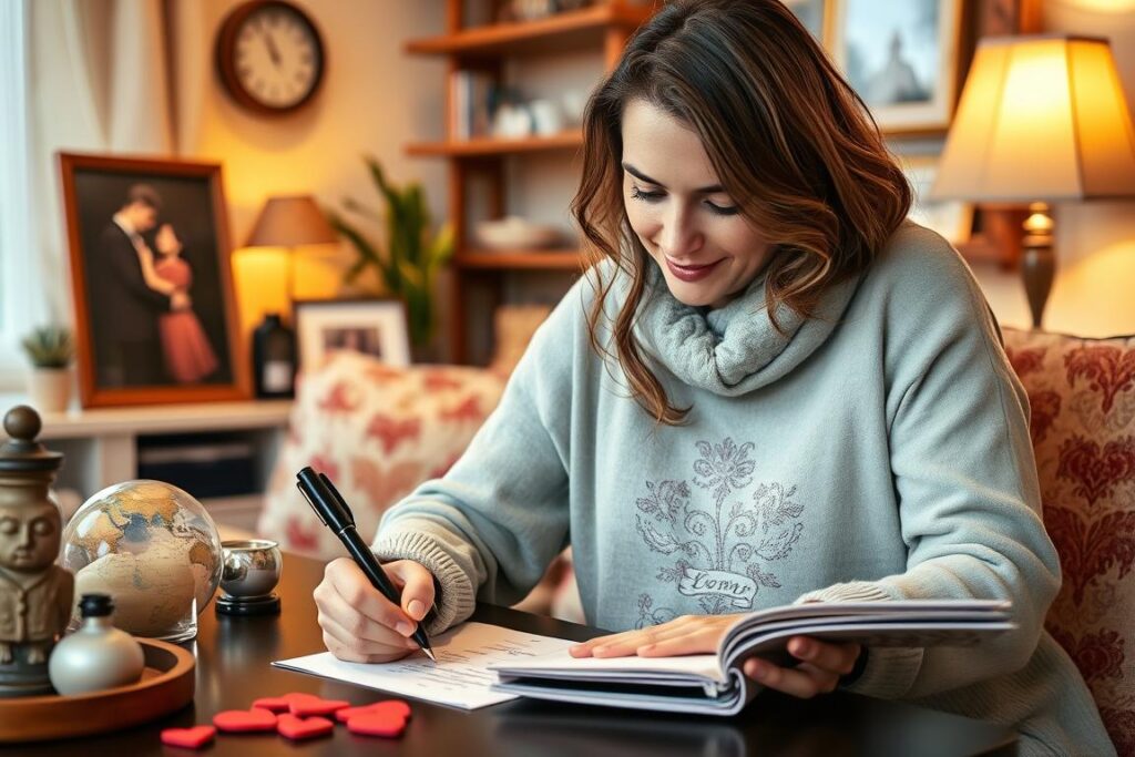 Frau schreibt ein personalisiertes Liebesgedicht für ihren Partner Frau schreibt ein personalisiertes Liebesgedicht für ihren Partner