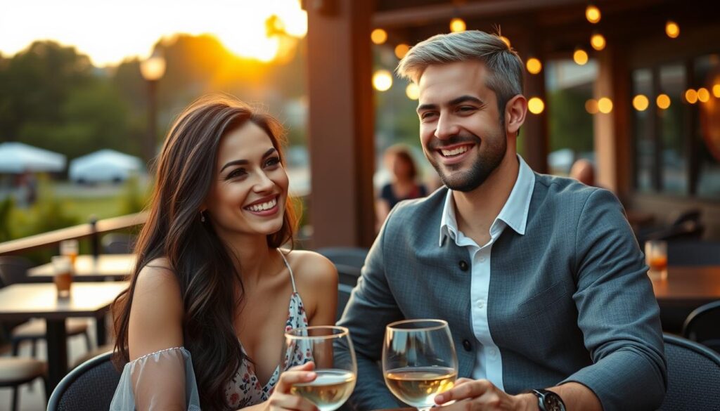 Glückliches Paar beim Date nach erfolgreichem Kennenlernen Glückliches Paar beim Date nach erfolgreichem Kennenlernen