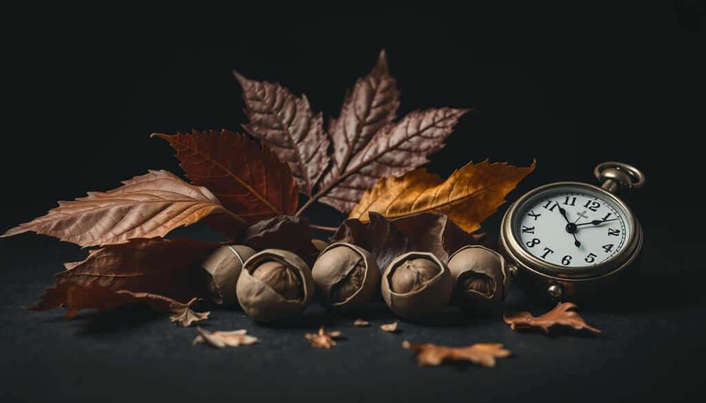 Herbstliche Szene mit Nüssen und Blättern, Symbole aus Celans top 10 liebesgedichte Herbstliche Szene mit Nüssen und Blättern, Symbole aus Celans top 10 liebesgedichte