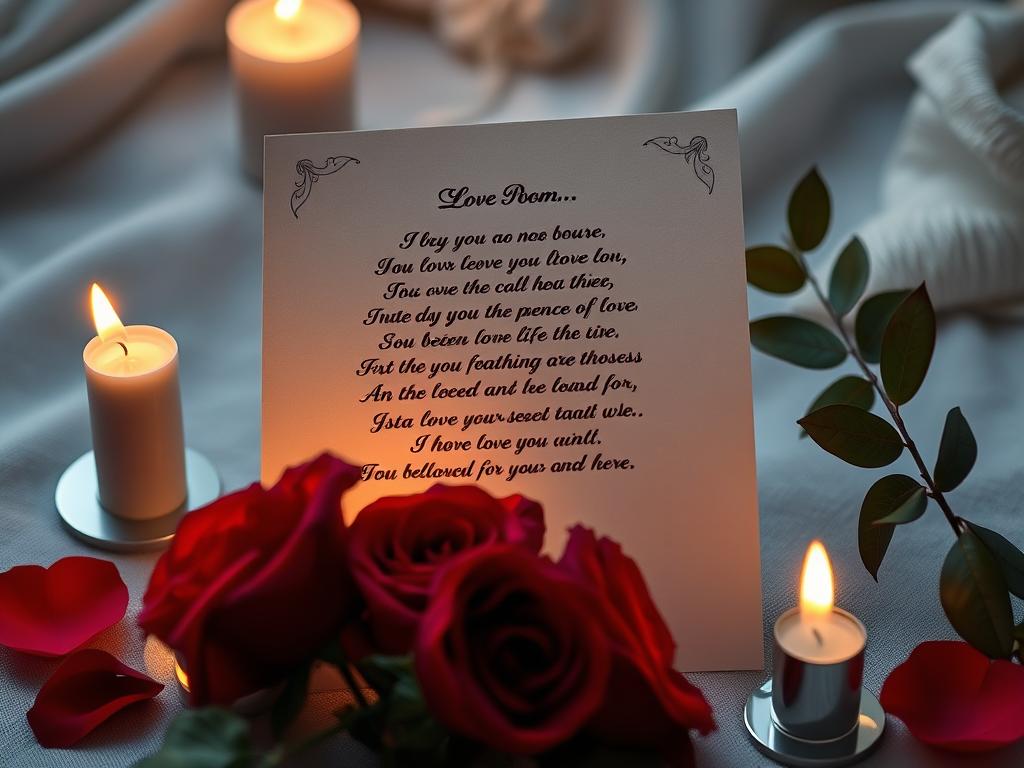 Kreativ präsentiertes Liebesgedicht für ihn mit Rosen und Kerzen Kreativ präsentiertes Liebesgedicht für ihn mit Rosen und Kerzen