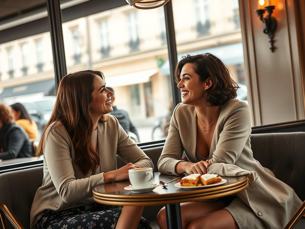 Lachende Freunde in einem französischen Café beim Flirten Lachende Freunde in einem französischen Café beim Flirten