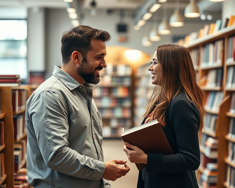 Mann macht einer Frau ein aufrichtiges Kompliment in einem Buchgeschäft Mann macht einer Frau ein aufrichtiges Kompliment in einem Buchgeschäft