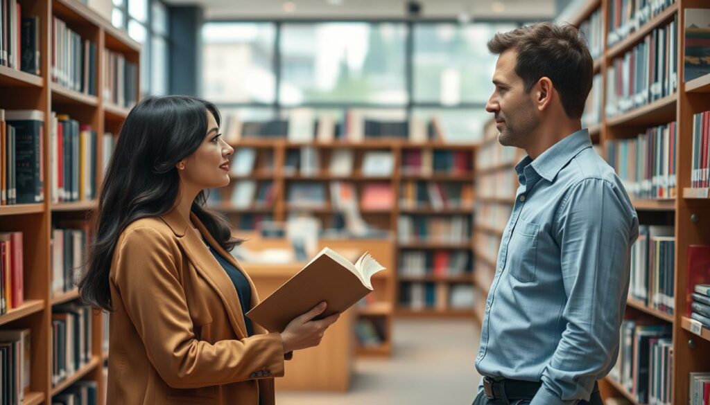 Mann spricht eine Frau in einer Buchhandlung über ein Buch an Mann spricht eine Frau in einer Buchhandlung über ein Buch an