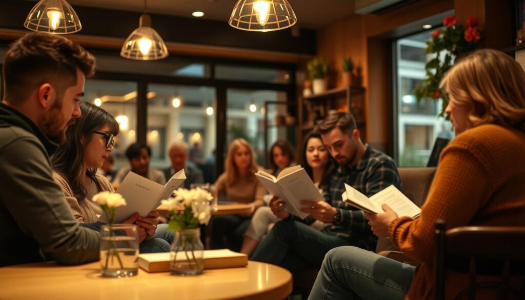 Moderne Interpretation romantischer Poesie in einem Café mit Lesungen Moderne Interpretation romantischer Poesie in einem Café mit Lesungen