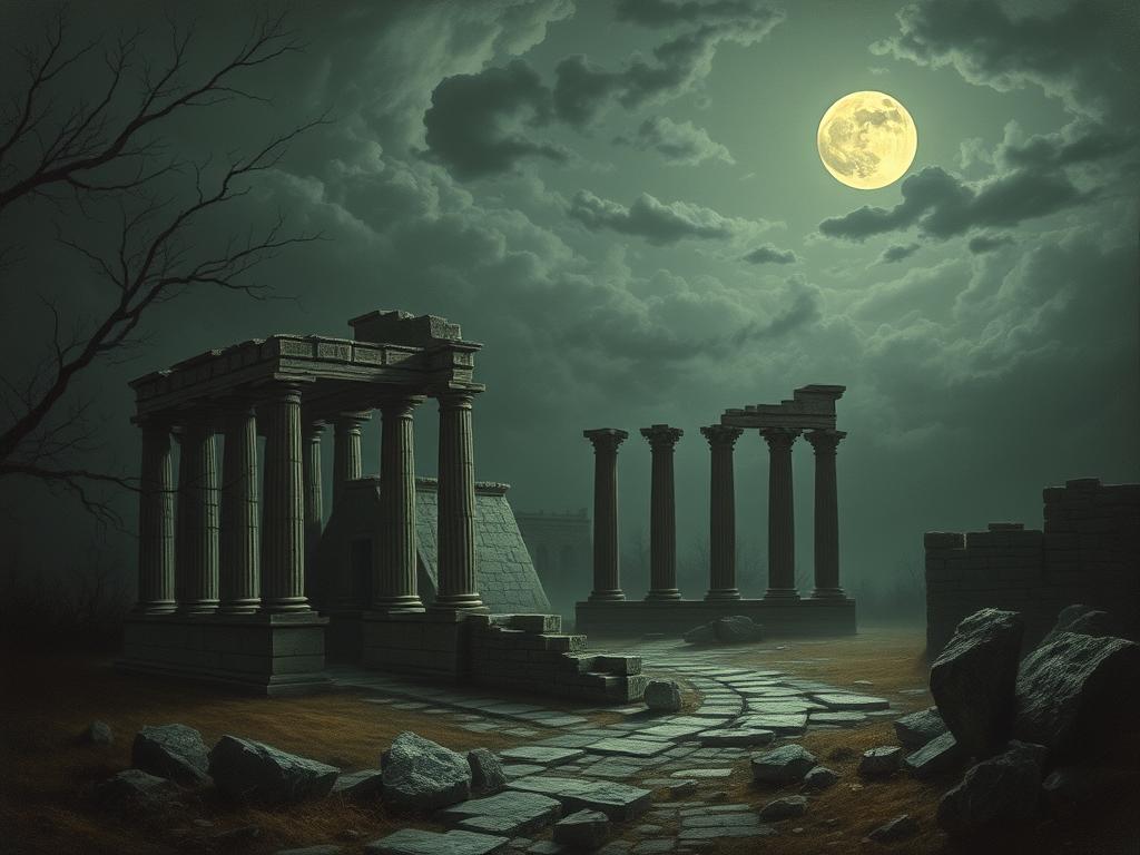 Nächtliche Szene mit Ruinen und Mondlicht, typisches Motiv der Romantik Nächtliche Szene mit Ruinen und Mondlicht, typisches Motiv der Romantik