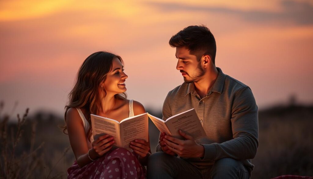 Paar beim Lesen von Liebesgedichten im Sonnenuntergang Paar beim Lesen von Liebesgedichten im Sonnenuntergang