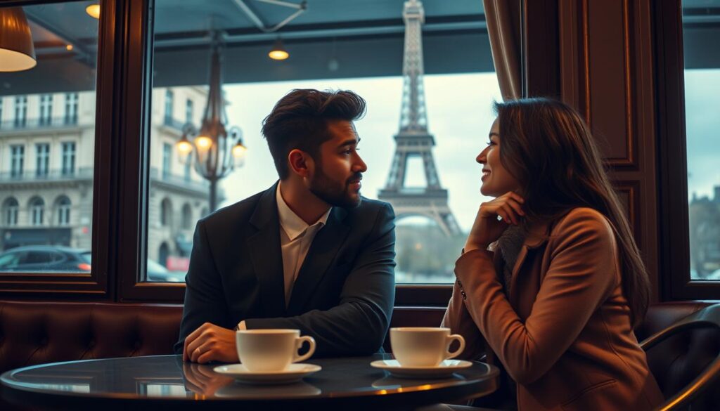 Paar flirtet in einem Pariser Café mit Eiffelturm im Hintergrund