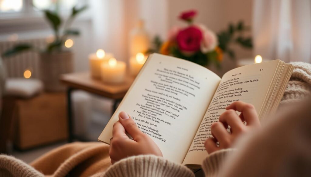 Person liest ein Buch mit romantischen Gedichten in einer gemütlichen Umgebung Person liest ein Buch mit romantischen Gedichten in einer gemütlichen Umgebung