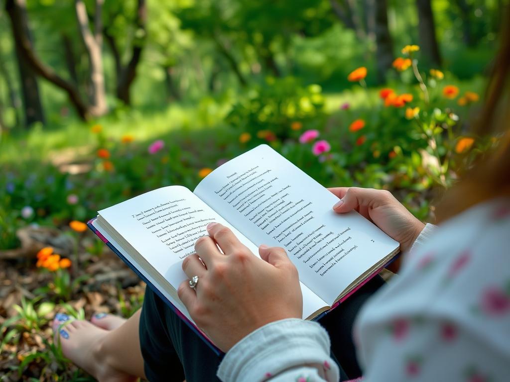 Person schreibt ein romantisches Gedicht in ein Notizbuch, umgeben von Natur Person schreibt ein romantisches Gedicht in ein Notizbuch, umgeben von Natur