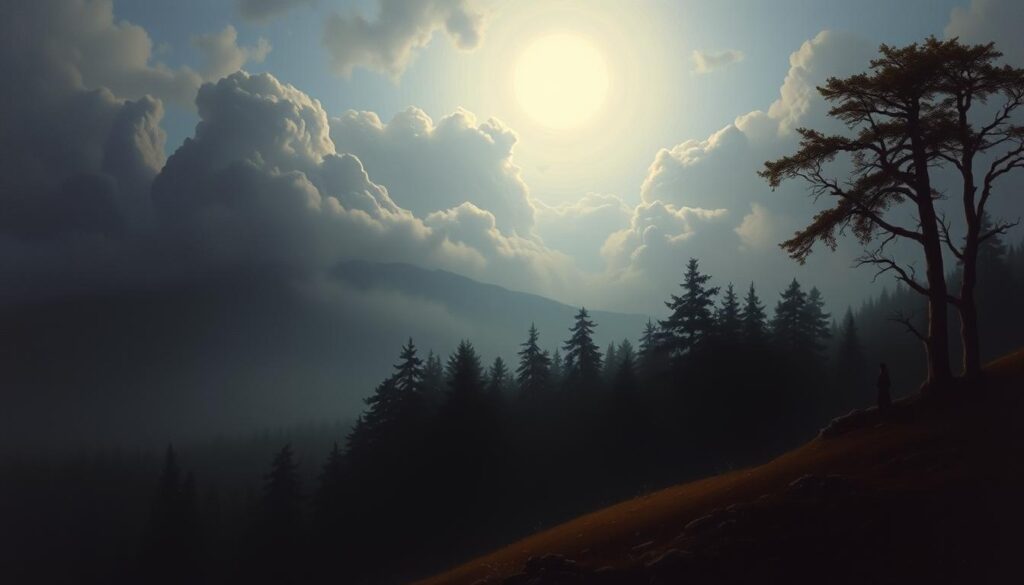 Romantische Landschaft mit Mondschein über einem Wald, typisches Motiv romantischer Gedichte