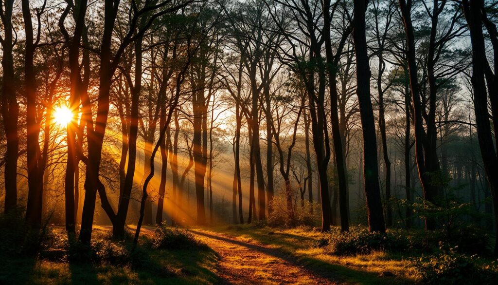 Romantische Waldlandschaft im Abendlicht, Inspiration für viele romantische Gedichte Romantische Waldlandschaft im Abendlicht, Inspiration für viele romantische Gedichte