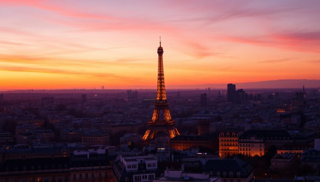 Sonnenuntergang über Paris mit Eiffelturm und romantischer Stimmung Sonnenuntergang über Paris mit Eiffelturm und romantischer Stimmung