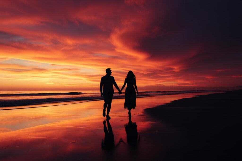 Sonnenuntergang über dem Meer mit zwei Silhouetten, die Hand in Hand gehen, symbolisiert die zeitlose Schönheit des schönsten Liebesgedichts