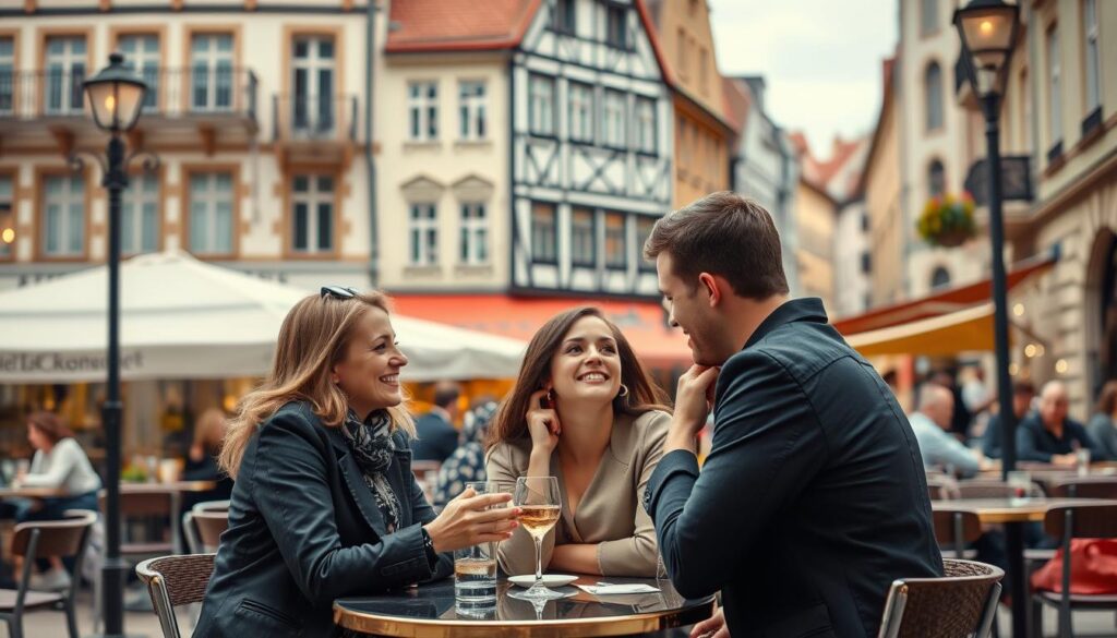 Typische Café-Szene in einer deutschen Stadt mit flirtenden Menschen Typische Café-Szene in einer deutschen Stadt mit flirtenden Menschen
