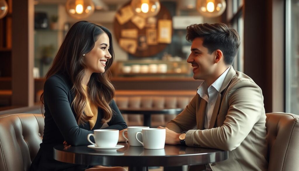 Ein Paar beim ersten Date in einem gemütlichen Café lächelt sich an
