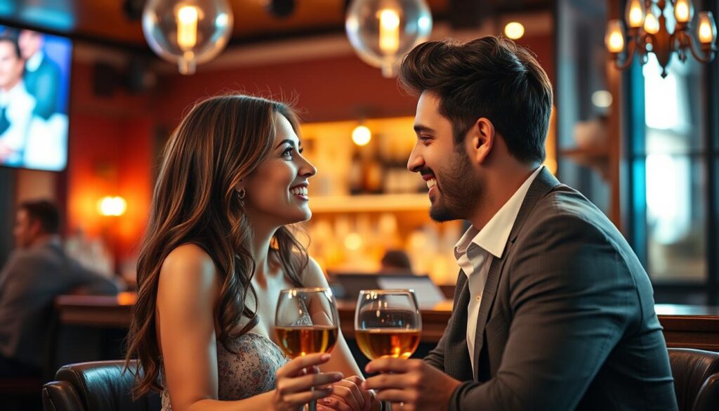 Ein Paar flirtet subtil beim ersten Date in einer Bar