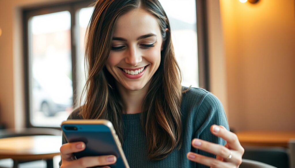 Eine Frau lacht beim Lesen von humorvollen Billige Frauen Sprüche auf ihrem Smartphone