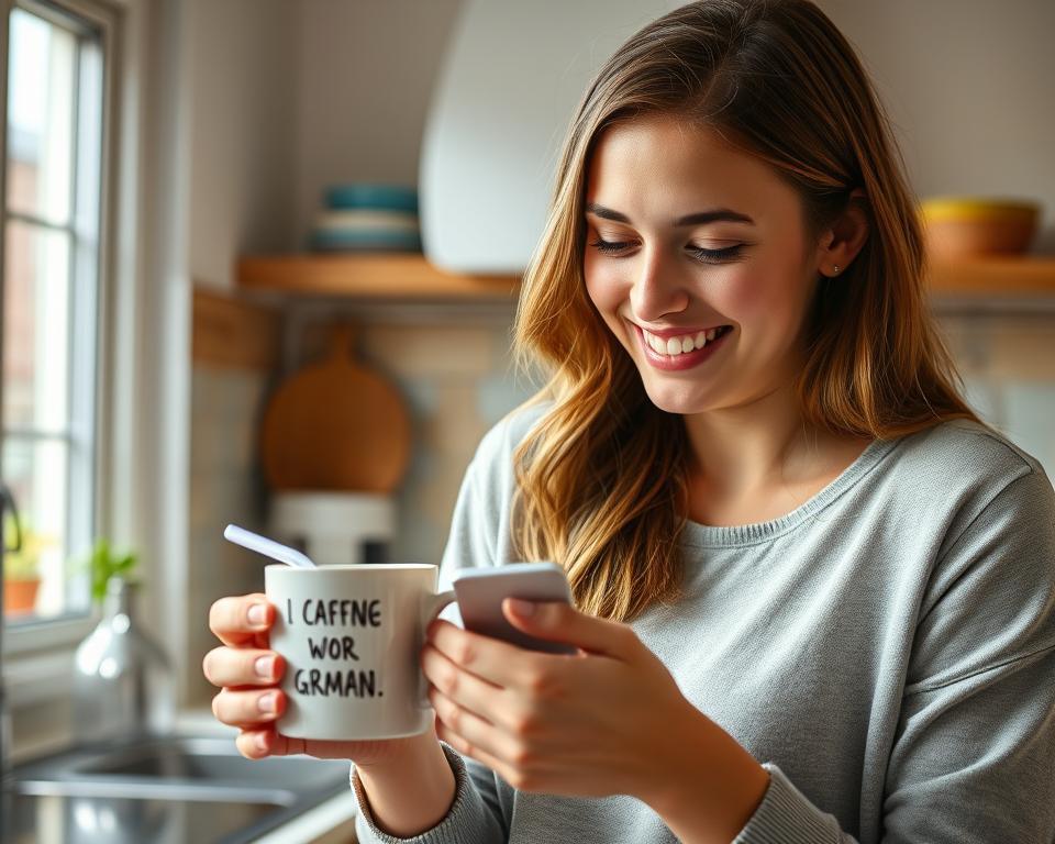 Eine Frau lächelt beim Lesen von Billige Frauen Sprüche auf einer Kaffeetasse